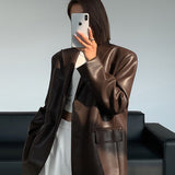 Women's Oversized Faux Leather Blazer with Lapel