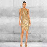 Gold One-Shoulder Evening Midi Dress