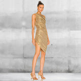 Gold One-Shoulder Evening Midi Dress