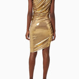 Gold One-Shoulder Evening Midi Dress