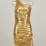 Gold One-Shoulder Evening Midi Dress