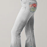Women's Bootcut Denim Jeans with Flower Embroidered