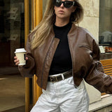 Women's Cropped Vintage Faux Leather Bomber