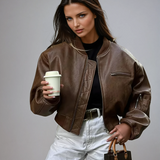 Women's Cropped Vintage Faux Leather Bomber
