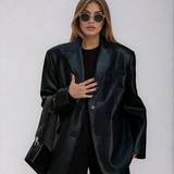 Women's Oversized Faux Leather Blazer with Lapel