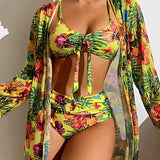 Bikini Set with High-Waist Bottom and Matching Cover-Up