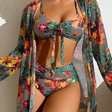 Bikini Set with High-Waist Bottom and Matching Cover-Up